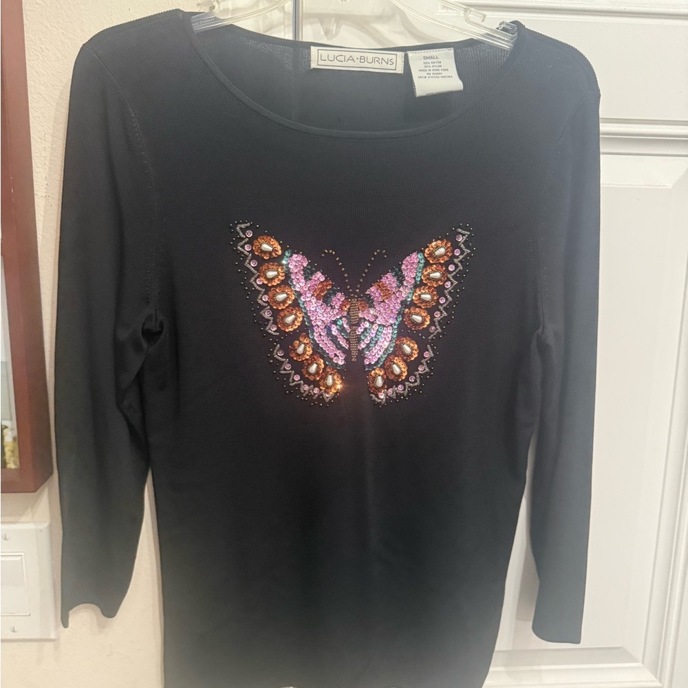 VINTAGE Lucia Burns long-sleeve sequin butterfly DESIGN SIZE SMALL .